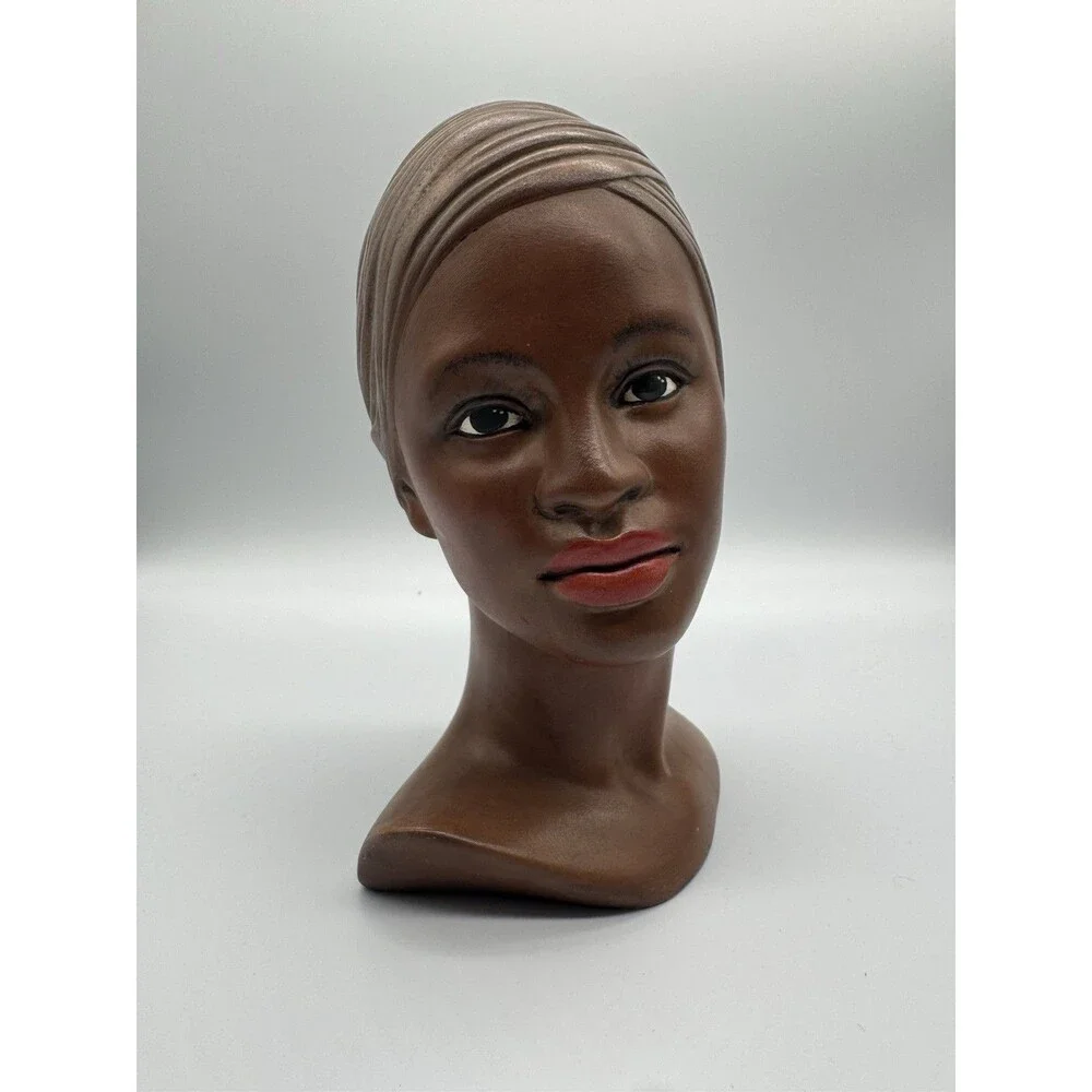 Vintage 70s Gils Studio Ceramic African American Woman Bust Head Wrap MCM Statue